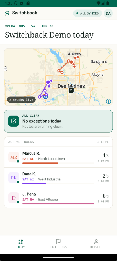 The Switchback dispatcher app on mobile — live trucks map and today's active routes